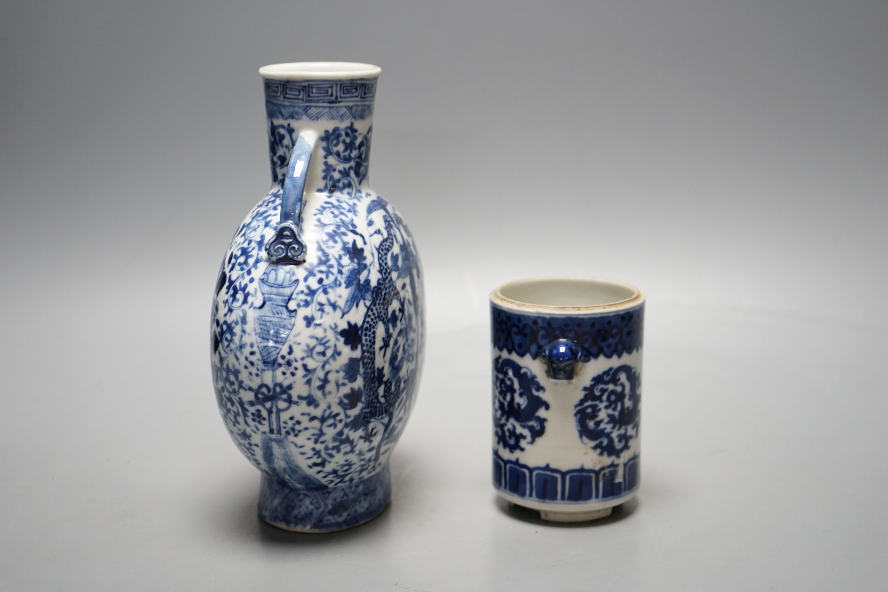 A Chinese blue and white moonflask and a similar pot, late Qing, tallest 20 cms high.